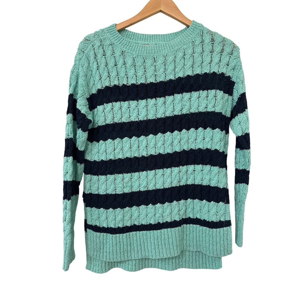 Pilcro Anthropologie Striped Cable Knit Sweater Mint Navy Blue XXSP High Low Hem